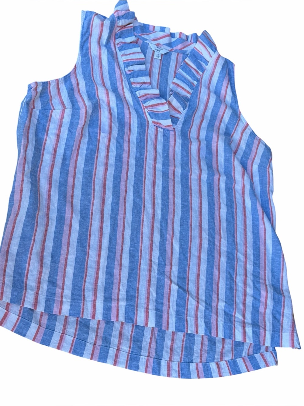 Crown & Ivy ladies striped sleeveless ruffle V-neck pullover blouse top size XL